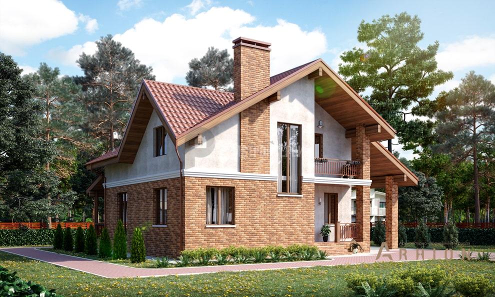 3. Проект одноэтажного дома в стиле шале с двускатной кровлей, t-20-01, площадью - 151 кв c мансардой, терассой, балконом, гаражом